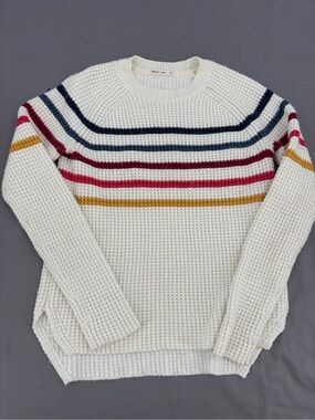 Marine Layer XS Striped Waffle Knit Crewneck Sweater Cream Multicolor Preppy 💛